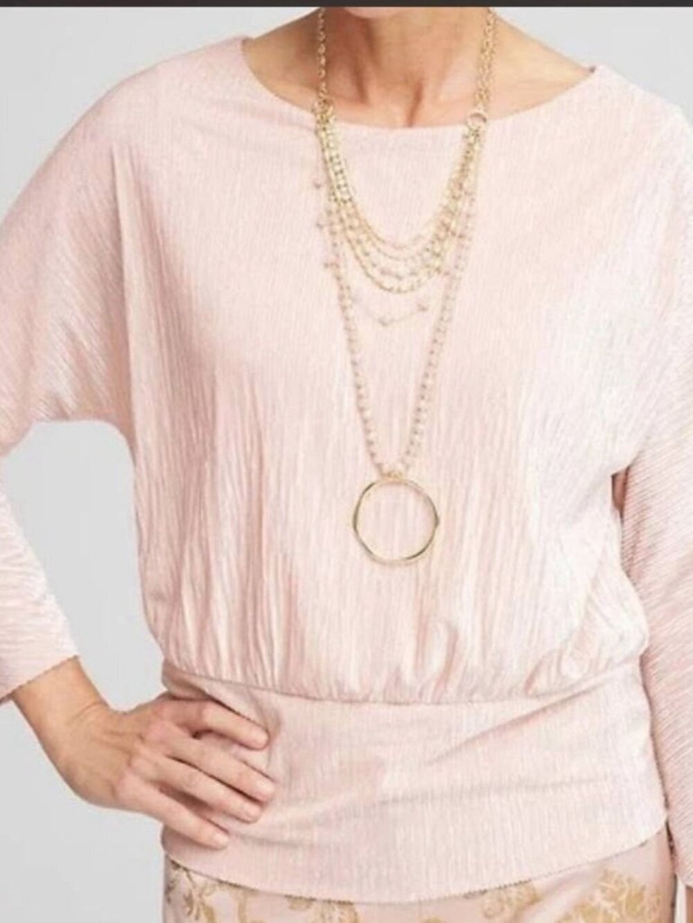 Chicos Velvet Crinkle Top Womens 2/Large Rose Pink Banded Bottom Long Sleeve NEW - Picture 2 of 12
